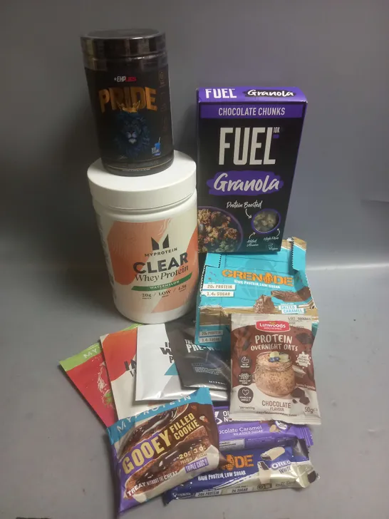 TOTE OF APPROX 10 ASSORTED FOOD ITEMS TO INCLUDE - MYPROTEIN CLEAR WHEY PROTEIN - GRENADE PROTEIN BARS IN SALTED CARAMEL - EHP LABS PRIDE PRE-WORKOUT ETC