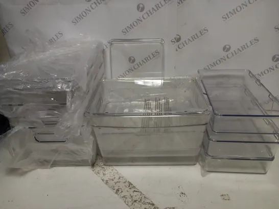 LOT OF ASSORTED CLEAR PLASTIC TUBS