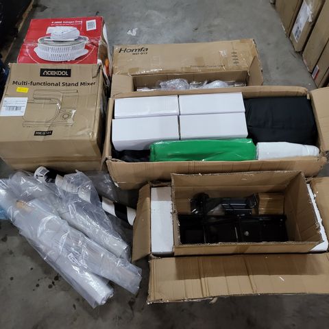 PALLET OF A LARGE NUMBER OF ASSORTED ITEMS TO INCLUDE ACEKOOL MULTIFUNCTIONAL STAND MIXER,JUDGE HALOGEN OVEN AND HOMFA BATHROOM CORNER SELF