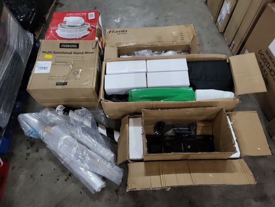 PALLET OF A LARGE NUMBER OF ASSORTED ITEMS TO INCLUDE ACEKOOL MULTIFUNCTIONAL STAND MIXER,JUDGE HALOGEN OVEN AND HOMFA BATHROOM CORNER SELF