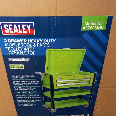 BOXED SEALEY 2-DRAWER HEAVY DUTY MOBILE TOOL AND PARTS TROLLEY - GREEN  / COLLECTION ONLY