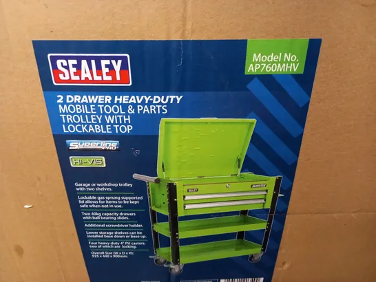 BOXED SEALEY 2-DRAWER HEAVY DUTY MOBILE TOOL AND PARTS TROLLEY - GREEN  / COLLECTION ONLY