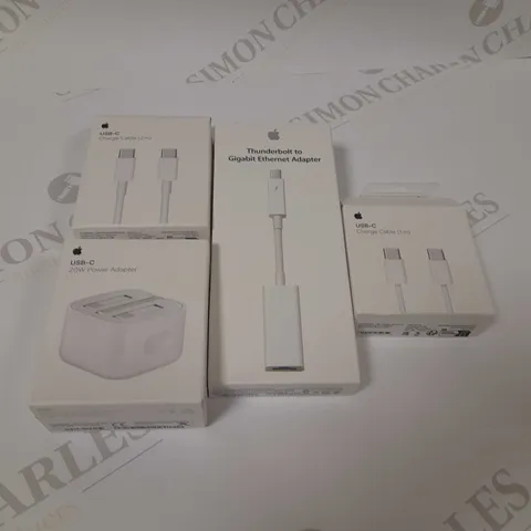 4 ASSORTED APPLE PRODUCTS TO INCLUDE; USB-C CHARGING CABLE, USB-C 20W POWER ADAPTER, THUNDERBOLT TO GIGABIT ETHERNET ADAPTER AND USB-C CHARGING CABLE