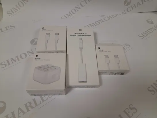 4 ASSORTED APPLE PRODUCTS TO INCLUDE; USB-C CHARGING CABLE, USB-C 20W POWER ADAPTER, THUNDERBOLT TO GIGABIT ETHERNET ADAPTER AND USB-C CHARGING CABLE