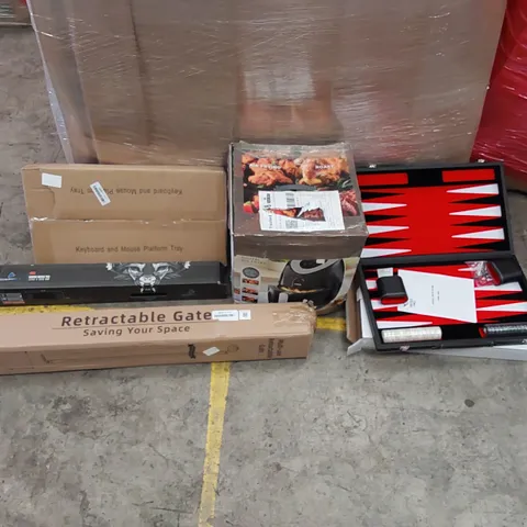 PALLET OF ASSORTED ITEMS INCLUDING: AIR FRYER, GAMBLING SET, RETRACTABLE GATE, KEYBOARD AND MOUSE TRAY, MOUSE MAT