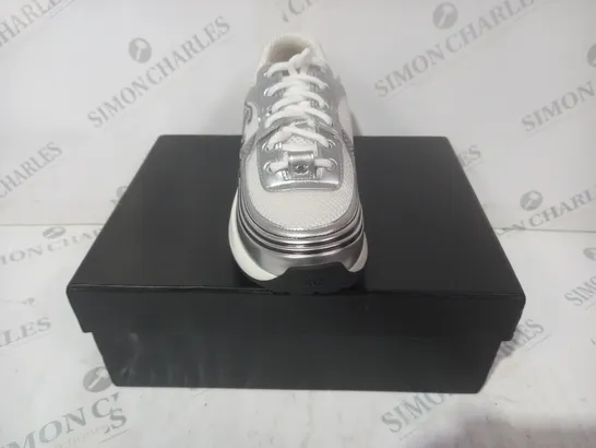 BOXED PAIR OF CHANEL TRAINERS IN WHITE/BLACK/METALLIC SILVER EU SIZE 39
