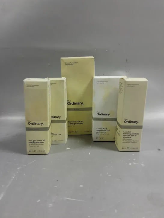 BOXED 5 HEALTH AND BEAUTY PRODUCTS TO INCLUDE THE ORDINARY GLYCOLIC ACID 7% TONING SOLUTION (240ML), THE ORDINARY AZELAIC ACID SUSPENSION 10% (30ML), THE ORDINARY AHA 30% & BHA 2% PEELING SOLUTION (30