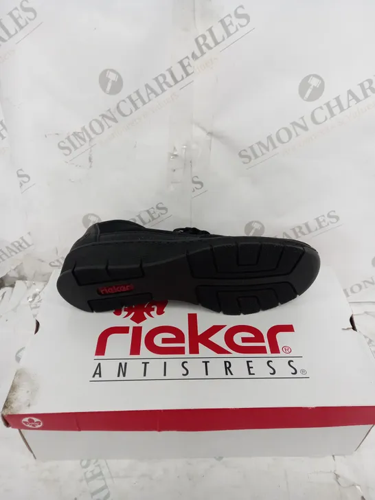 BOXED PAIR OF RIEKER WEDGE TRAINERS WITH SIDE ZIPS - BLACK - SIZE 6