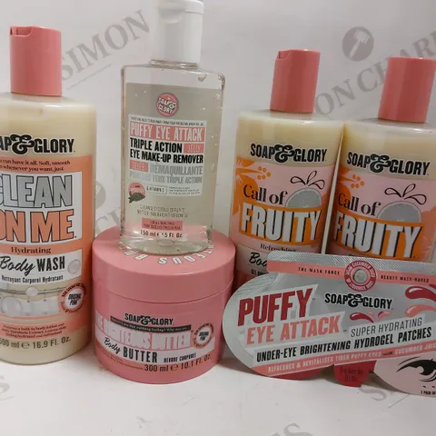 BOX OF APPROX 5 SOAP AND GLORY ITEMS TO INCLUDE CLEAN ON ME BODY WASH, PUFFY EYE ATTACK HYDROGEL PADS AND MAKE UP REMOVER