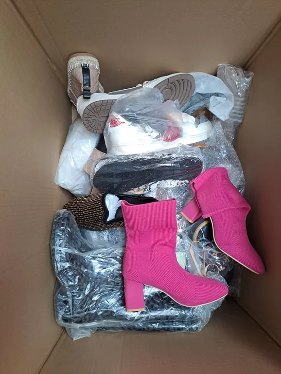 BOX OF APPROXIMATELY 15 PAIRS OF SHOES TO INCLUDE - TRAINERS, BOOTS, HEELS ETC