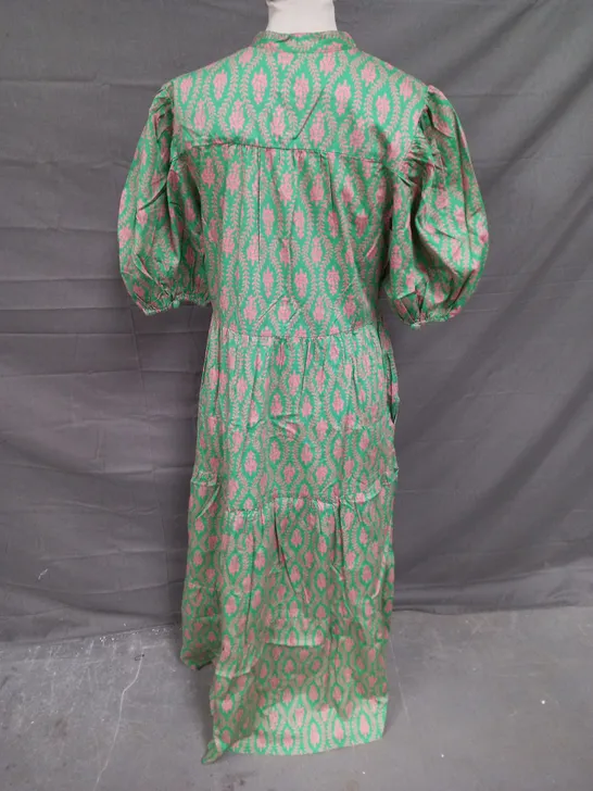 RAE FEATHER NELLIE TIERED PUFF SLEEVE DRESS IN GREEN/PINK SIZE S