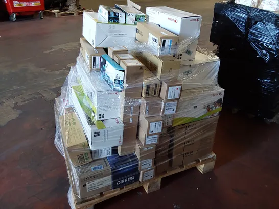 PALLET OF APPROXIMATELY 70X BOXES OF BRAND NEW ASSORTED PRINTER CARTRIDGES FROM BRANDS INCLUDING; HP, XEROX, PANASONIC, CANON, KATUN, DATAPRODUCTS ECT AND 11 ROLLS OF PREMIUM PRINTER WAX