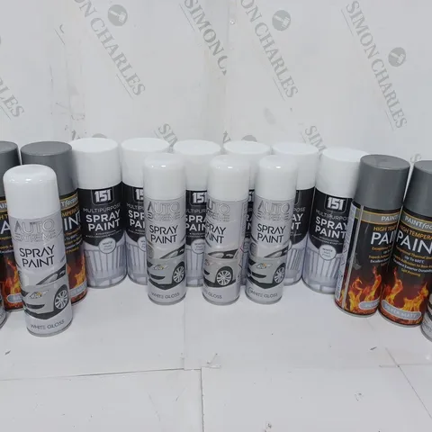 APPROXIMATELY 16 ASSORTED AEROSOLS TO INCLUDE 151 MULTIPURPOSE SPRAY PAINT WHITE MATT FINISH (400ml), PAINTFACTORY HIGH TEMPERATURE SILVER MATT (300ml), AUTO EXTREME WHITE GLOSS (250ml) - COLLECTION O