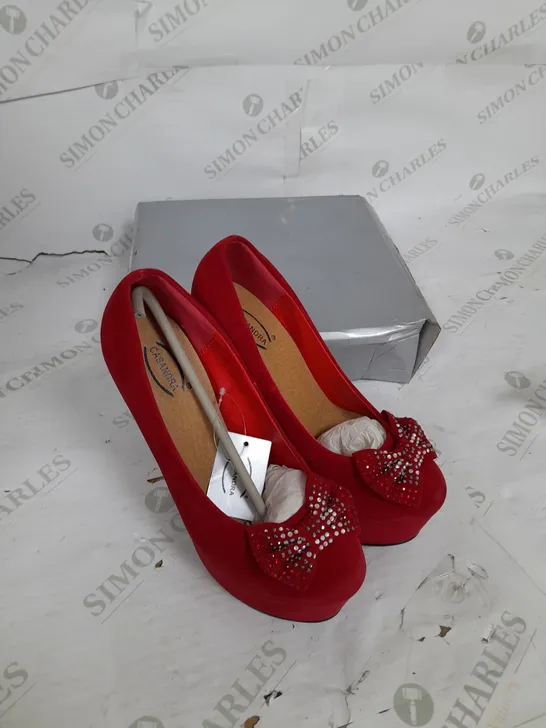 CASSANDRA PLATFORM STILLETO HEEL IN  RED SUEDE WITH PHINESTONE BOW DETAIL SIZE 5