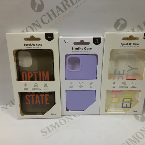 BOX OF APPROXIMATELY 53 TYPO PHONES CASES ('SLIMLINE CASE' & 'SPEAK UP CASE') FOR IPHONE 11, 12 MINI, 12/12PRO IN VARYING COLOURS