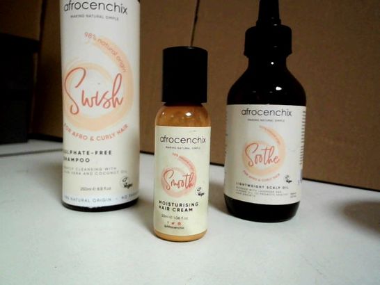 LOT OF APPROX. 3 HAIR PRODUCTS TO INCLUDE: AFROCENCHIX SHAMPOO, AFROCENCHIX HAIR CREAM, AFROCENCHIX LIGHTWEIGHT SCALP OIL