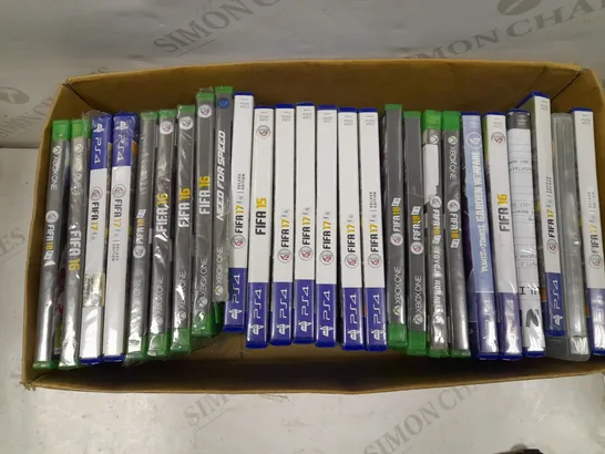 BOX OF APPROXIMATELY 27 ASSORTED VIDEO GAMES TO INCLUDE FIFA 16 (XBOX ONE), FIFA 17 (PS4), FIFA 18 (XBOX ONE), ETC 