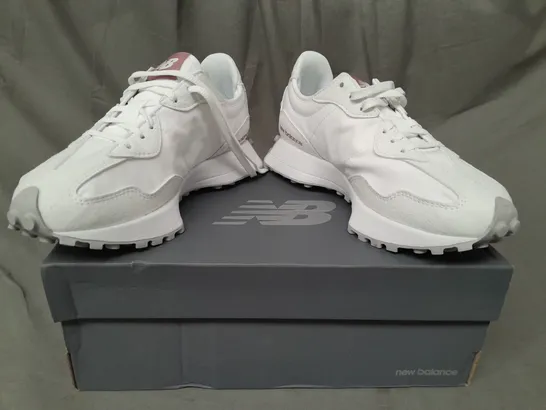 BOXED PAIR OF NEW BALANCE 327 TRAINERS IN WHITE/BERRY UK SIZE 5