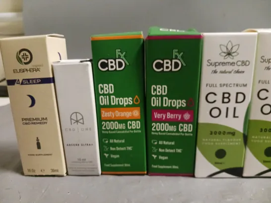 LOT OF 10 ASSORTED CBD OILS AND DROPS IN VARING SIZES AND STRENGHS