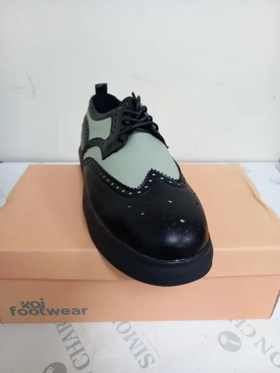 BRAND NEW BOXED PAIR OF KOI VEGAN LEATHER CORSON GREEN BROGUE DETAIL TRAINERS IN BLACK UK SIZE 8