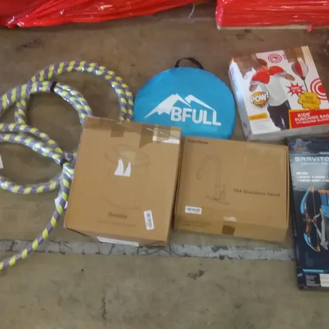 PALLET OF ASSORTED ITEMS INCLUDING SHREDDER, HULA HOOP, BFULL POP UP TENT, TOKESHIMI STAINLESS STEEL FAUCET, GRAVITON ARCHERY SET, KIDS PUNCHING BAG 