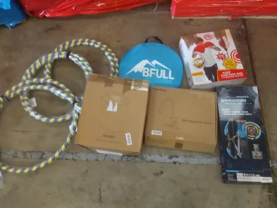 PALLET OF ASSORTED ITEMS INCLUDING SHREDDER, HULA HOOP, BFULL POP UP TENT, TOKESHIMI STAINLESS STEEL FAUCET, GRAVITON ARCHERY SET, KIDS PUNCHING BAG 