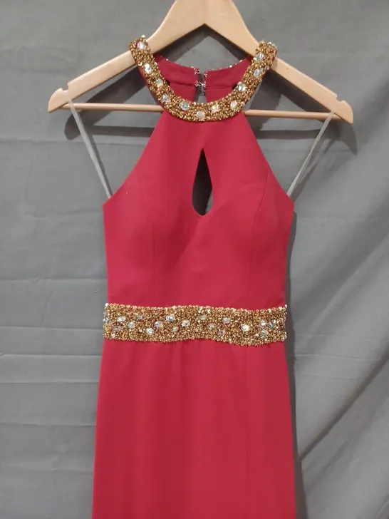 PIA MICHI HALTER NECK FAUX CRYSTAL DETAIL LONG DRESS IN RED - SIZE 36