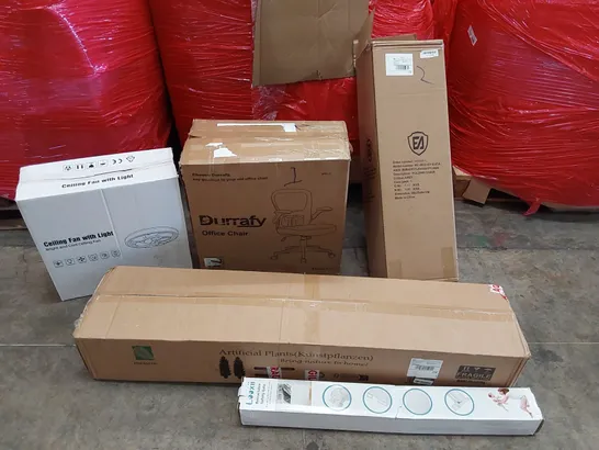 PALLET OF ASSORTED CONSUMER PRODUCTS TO INCLUDE: OFFICE CHAIR, CEILING FAN WITH LIGHT, LARGE ARTIFICIAL PLANT, FOLDING CHAIR, RETRACTABLE SAFETY GATE ECT