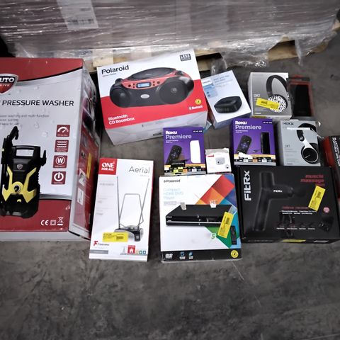 BOX OF ASSORTED ELECTRONIC ITEMS TO INCLUDE BLACKWEB BLUETOOTH HALO SPEAKER, ROKU PREMIERE, ONE FOR ALL AERIAL, AUTO DRIVE HIGH PRESSURE WASHER, FITRX MUSCLE MASSAGE GUN, ETC