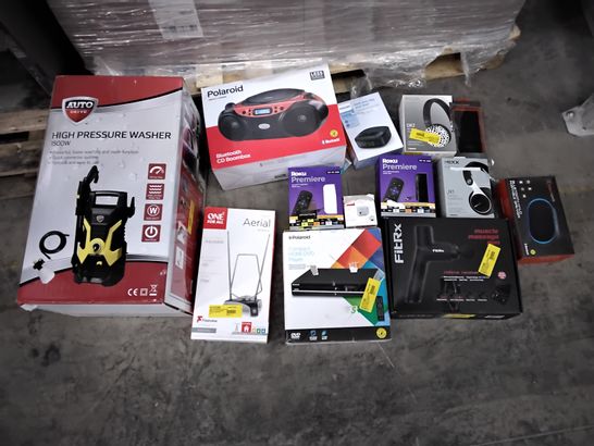 BOX OF ASSORTED ELECTRONIC ITEMS TO INCLUDE BLACKWEB BLUETOOTH HALO SPEAKER, ROKU PREMIERE, ONE FOR ALL AERIAL, AUTO DRIVE HIGH PRESSURE WASHER, FITRX MUSCLE MASSAGE GUN, ETC