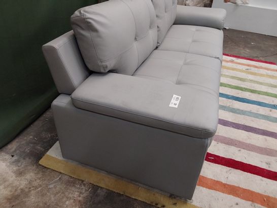 DESIGNER GREY LEATHER 3 SEATER SOFA WITH SQUARE PANEL DETAIL 