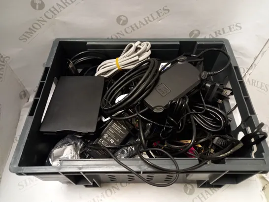 LARGE QUANTITY OF ELECTRICALS & ELECTRICAL CABLES OF VARIOUS TYPES TO INCLUDE DISKETTE DRIVE, USB-C POWER ADAPTER, SKY BOX CABLE, ETC