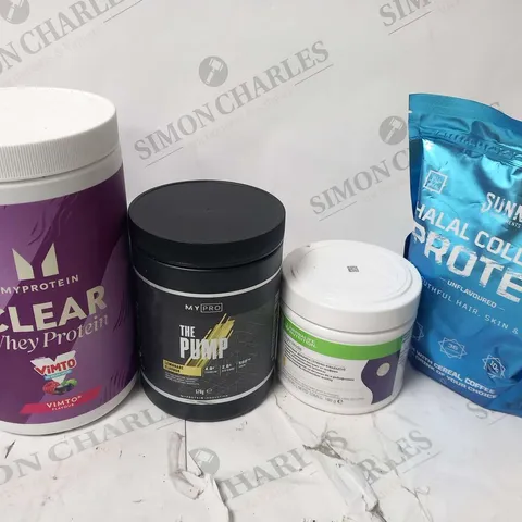 FOUR ASSORTED PRODUCTS TO INCLUDE; MYPROTEIN CLEAR WHEY PROTEIN, SUNNA HALAL COLLAGEN PROTEIN, MYPRO THE PUMP AND HERBLIFE NUTRITION