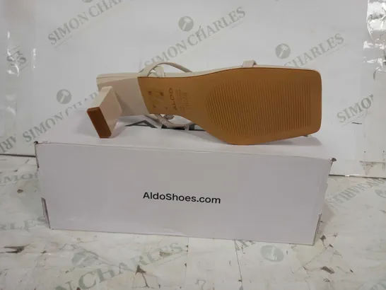 BOXED PAIR OF ALDO LOW HEELED OPEN TOE SANDALS IN BEIGE UK SIZE 5.5