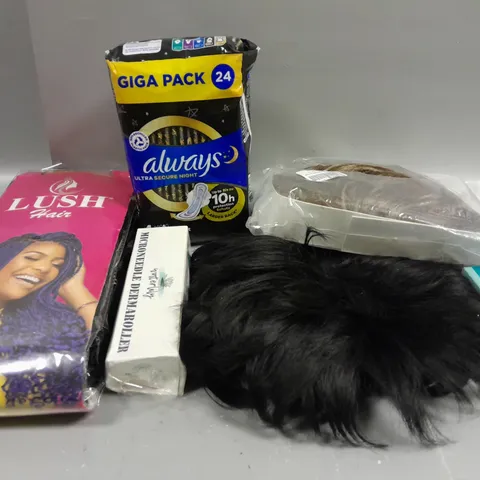 APPROXIMATELY 15 ASSORTED COSMETICS AND BEAUTY ITEMS TO INCLUDE ALWAYS, WIGS AND LUSH HAIR