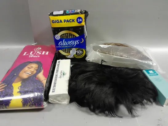 APPROXIMATELY 15 ASSORTED COSMETICS AND BEAUTY ITEMS TO INCLUDE ALWAYS, WIGS AND LUSH HAIR