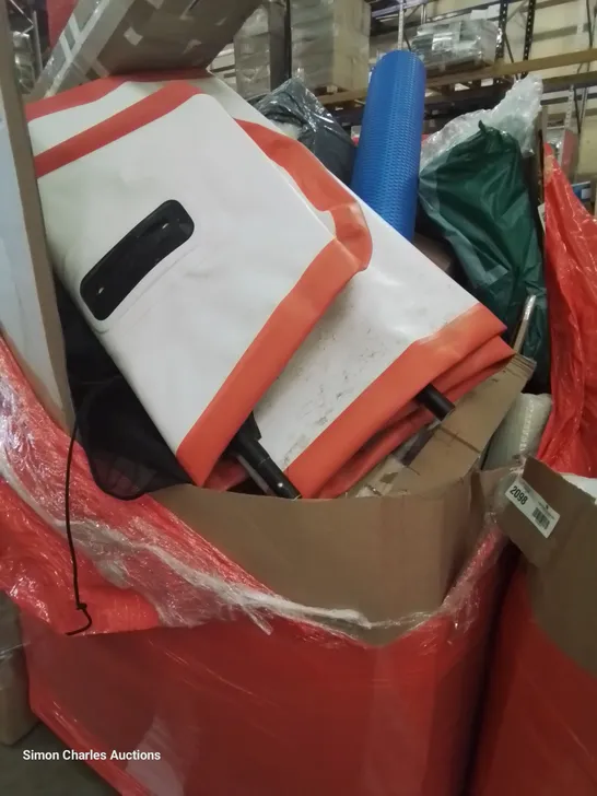 PALLET OF ASSORTED ITEMS TO INCLUDE, INFLATABLE PADDLE BOARD, PRESSURE COOKER, TENNIS RACKET,  INSECT KILLER, ARTIFICIAL WREATH, STEAM CLEANER, EXCERCISE ROLLER.