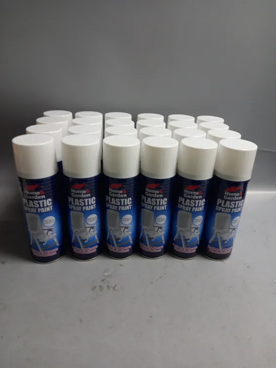 BOXED LOT OF 24 HOME & GARDEN PLASTIC SPRAY PAINT WHITE 300ML