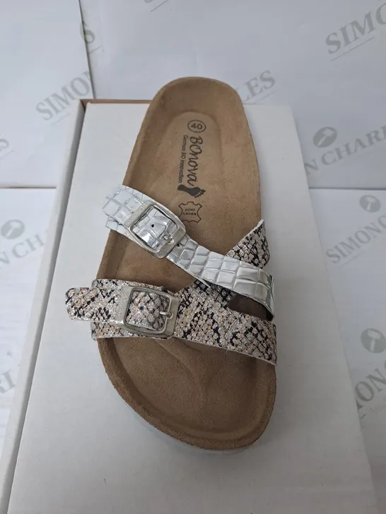 BOXED SILVER CROCODILE STRAP SANDLES SIZE 7