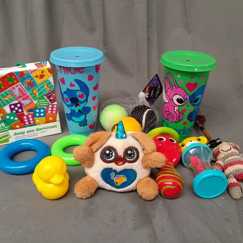 BOX OF ASSORTED TOYS AND GAMES TO INCLUDE STITCH CUPS, DEEP SEA DOMINOS AND BABY TOYS