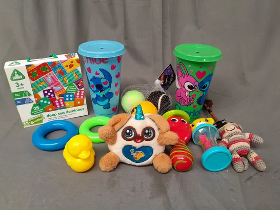 BOX OF ASSORTED TOYS AND GAMES TO INCLUDE STITCH CUPS, DEEP SEA DOMINOS AND BABY TOYS