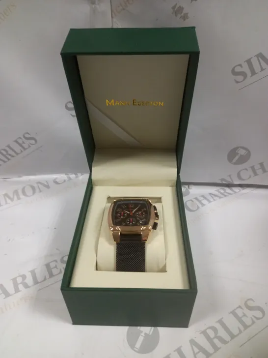 BOXED MANN EGERTON IMPACT ROSE BLACK DIAL MESH STRAP WATCH 