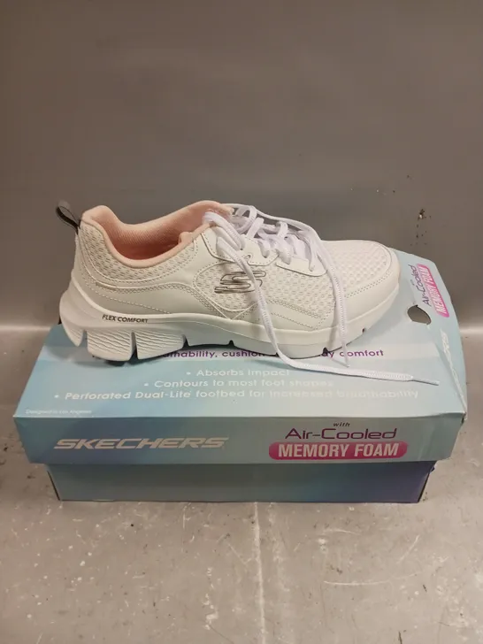 BOXED PAIR OF SKECHERS MEMORY FOAM WHITE TRAINERS - 6