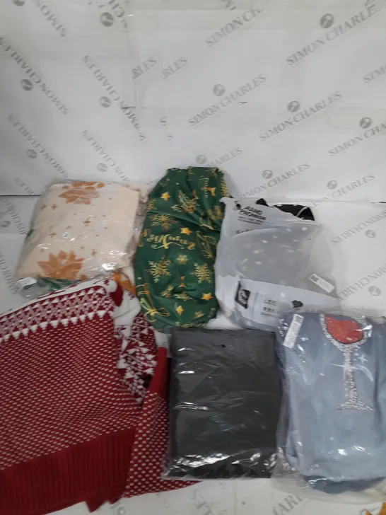 LARGE BOX OF ASSORTED CLOTHING ITEMS IN VARIOUS COLOURS AND SIZES INCLUDING TROUSERS , TOPS AND JUMPERS 