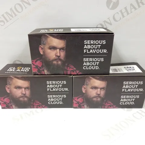 LOT OF 3 CLOUD ISLAND CAKE DRIP E-CIG LIQUID BOXES (10 X 10ML BOTTTLES PER BOX) 18MG PER ML (1 BOTTLE MISSING)