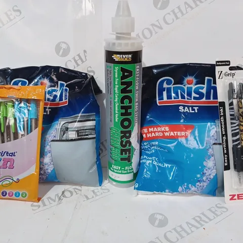 APPROXIMATELY 10 ASSORTED HOUSEHOLD ITEMS TO INCLUDE FINISH SALT, Z-GRIP ZEBRA PENS, ANCHORSET GREEN 300, ETC