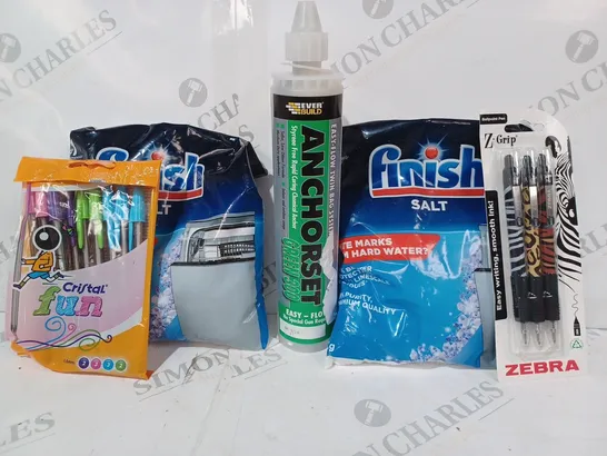 APPROXIMATELY 10 ASSORTED HOUSEHOLD ITEMS TO INCLUDE FINISH SALT, Z-GRIP ZEBRA PENS, ANCHORSET GREEN 300, ETC