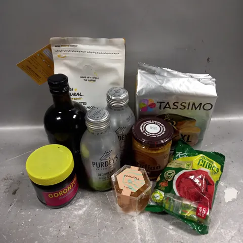 APPROXIMATELY 10 ASSORTED FOOD & DRINK ITEMS TO INCLUDE - PURDLEY'S REFOCUS DRINKS IN DARK FRUITS - MERIDIAN CRUNCHY PEANUT BUTTER - H&B DARK APPLE CIDER VINEGAR - ETC - COLLECTION ONLY