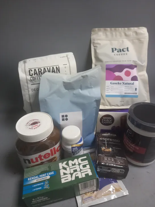 BOX OF APPROX 10 ASSORTED FOOD ITEMS TO INCLUDE - CARAVAN COFFEE BEANS 1KG - DOLCE GUSTO MOCHA PODS - LAVAZZA GROUND ESPRESSO COFFEE ETC