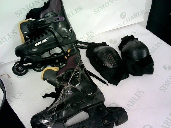 USED BAUER INLINE ROLLER SKATES AND KNEE PADS